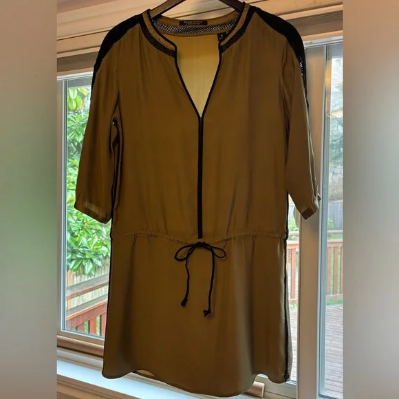 Scotch & Soda Olive Green Silk Drawstring Tie Dress, M 2